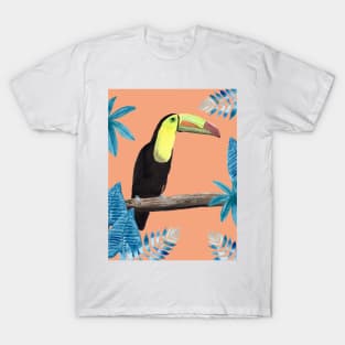 Toucan with tropical leaves and coral background T-Shirt